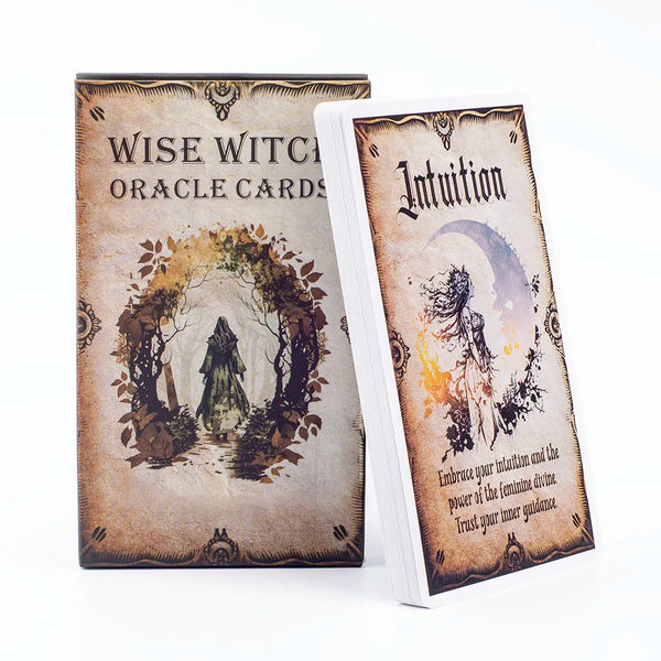 Wise Witch Oracle-kort med illustrationen Intuition på rustik baggrund.