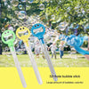Three colorful 32-hole bubble sticks with smiling faces are shown amidst a shower of bubbles in an outdoor setting.