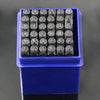 A blue plastic box holds a set of 36 carbon steel number and letter stamping tools.