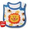 A white baby feeding bib with blue trim featuring cartoon animals like elephants and lions.