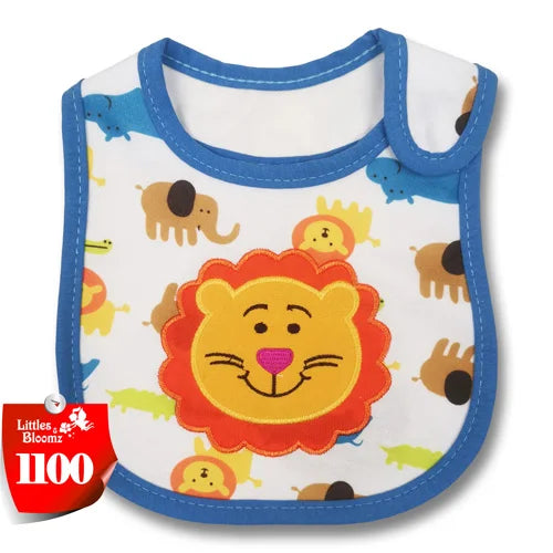A white baby feeding bib with blue trim featuring cartoon animals like elephants and lions.