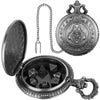 A steampunk dragon pocket watch dice case with a lid, chain, and seven mini dice.