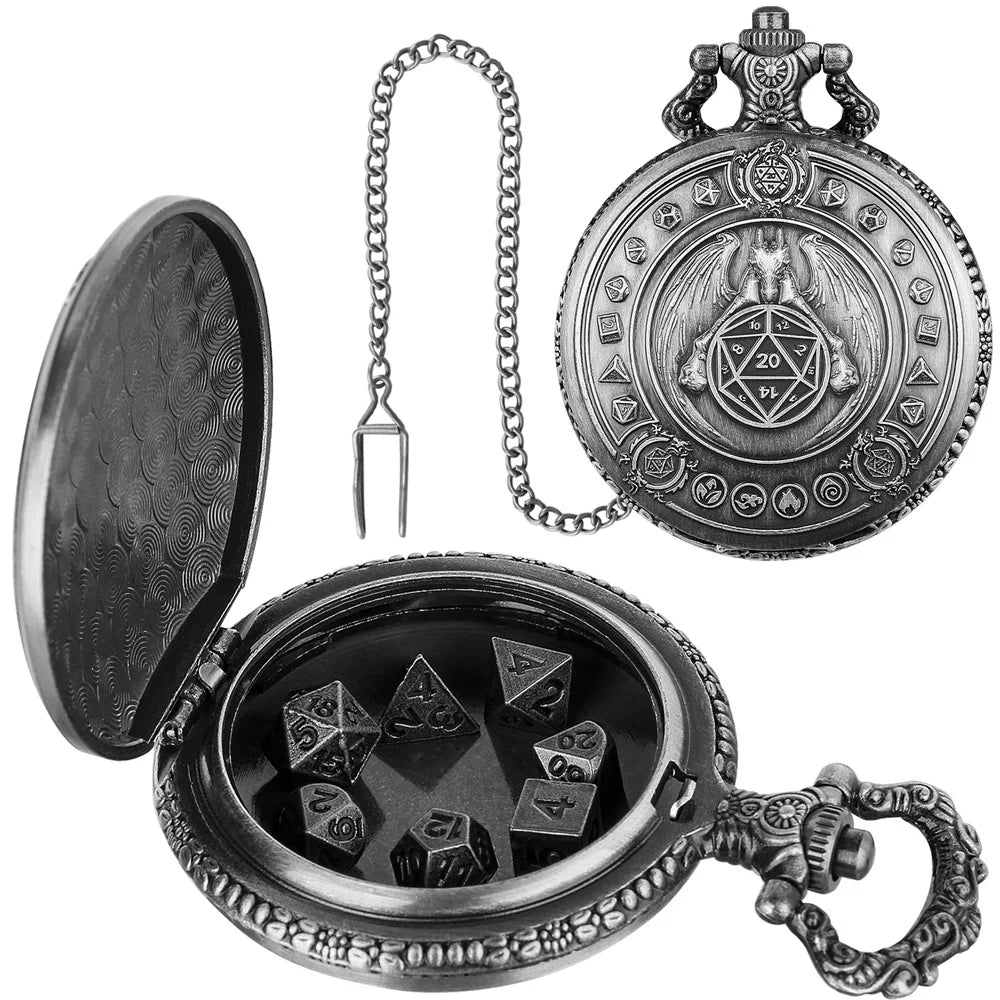 A steampunk dragon pocket watch dice case with a lid, chain, and seven mini dice.