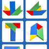 A set of wooden tangram puzzle pieces including various geometric shapes like triangles and squares.