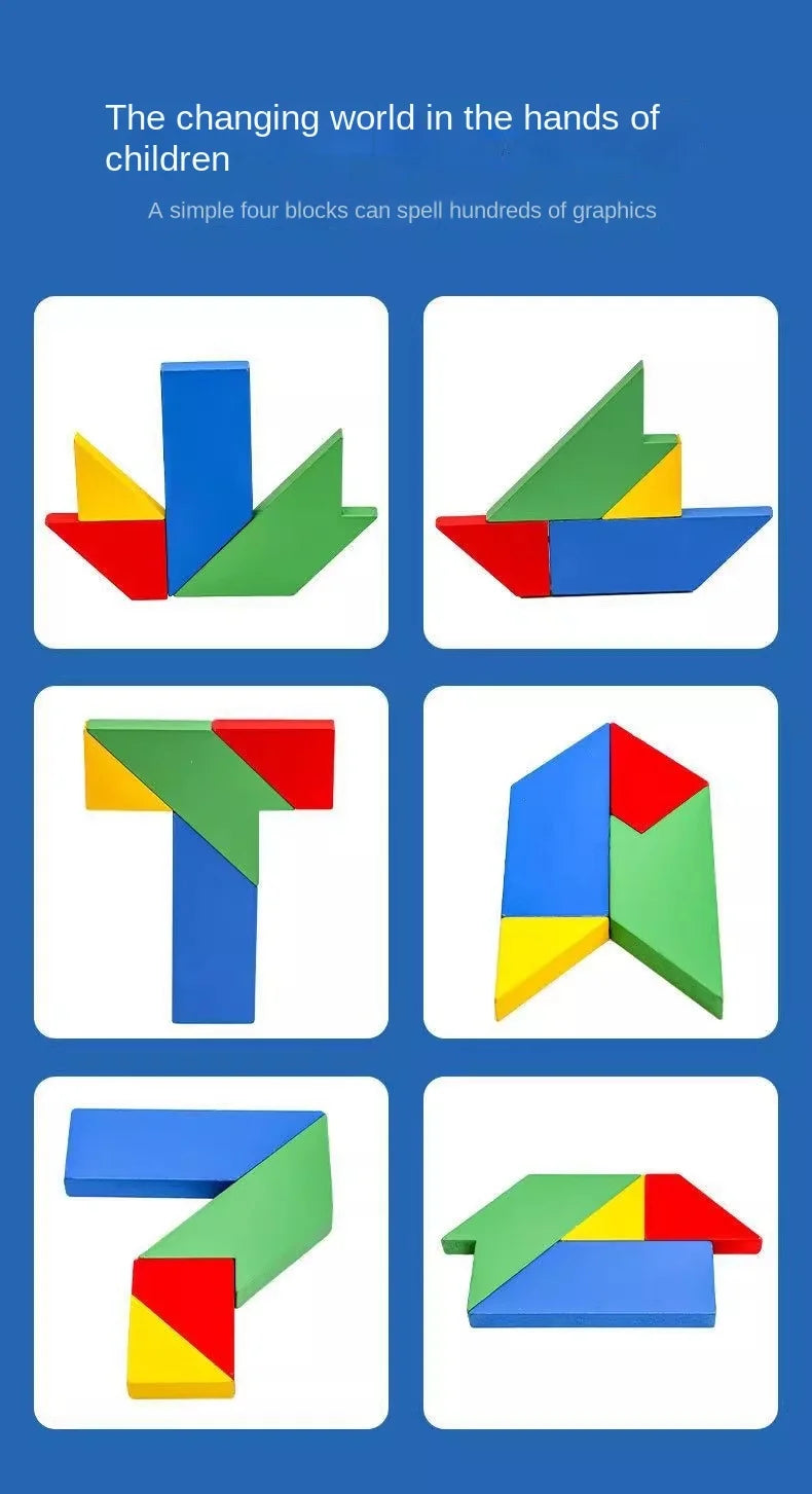 A set of wooden tangram puzzle pieces including various geometric shapes like triangles and squares.