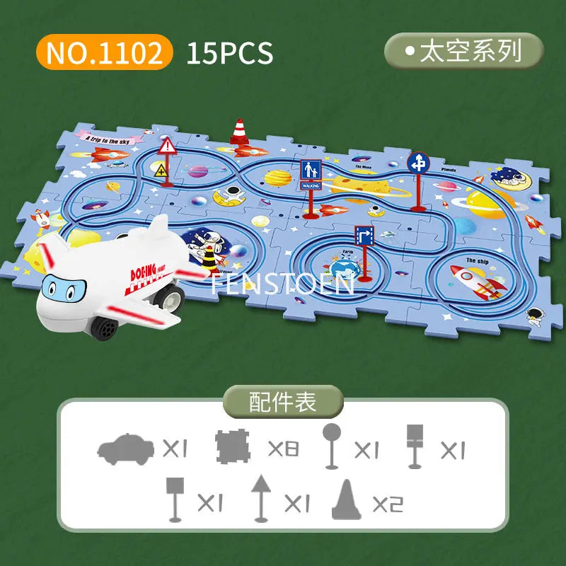 A jigsaw puzzle depicting an airplane and various train elements for a DIY electric railroad car building kit.