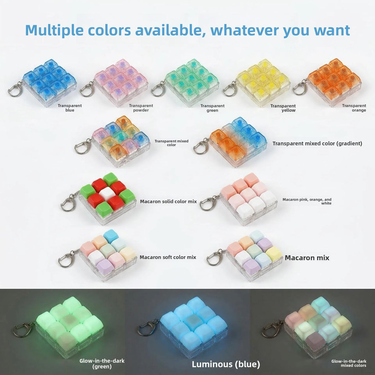 Multiple colors of LED keyboard keycap fidget keychains shown in various shades and glow-in-the-dark options