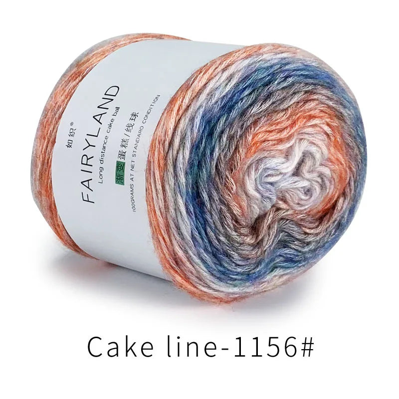 Spool of gradient rainbow cotton-wool yarn for knitting and crochet, labeled Cake line-1156#