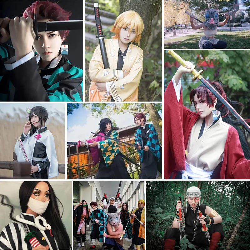 A collection of Demon Slayer anime characters wearing various costumes and wielding swords.