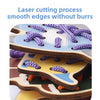 Close-up of wooden threading beads being processed by a laser cutting machine, showing smooth edges.