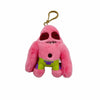 A pink plush toy of SpongeBob SquarePants with a yellow string attached.