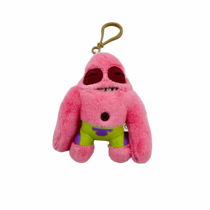 A pink plush toy of SpongeBob SquarePants with a yellow string attached.