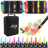 A set of dual-tip art markers, including a brush and various fine tips in multiple colors, packaged in a black case.