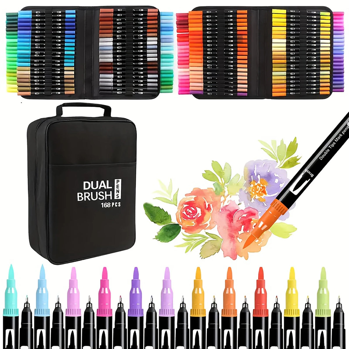 A set of dual-tip art markers, including a brush and various fine tips in multiple colors, packaged in a black case.