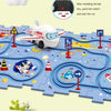 A white electric railroad car is shown on a blue puzzle map with various tracks and landmarks, illustrating how to install th