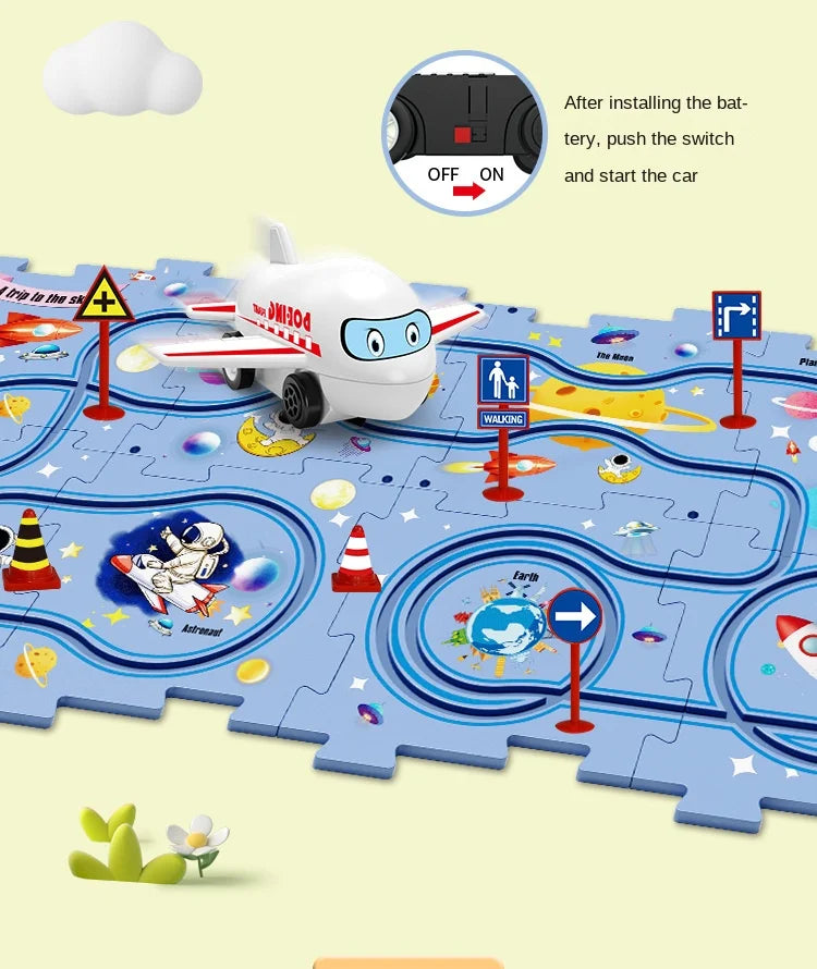 A white electric railroad car is shown on a blue puzzle map with various tracks and landmarks, illustrating how to install th