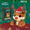 A detailed model of a reindeer with a red Santa hat made from interlocking building blocks.