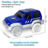 A blue plastic flashing light jeep toy with silver accents and wheels.