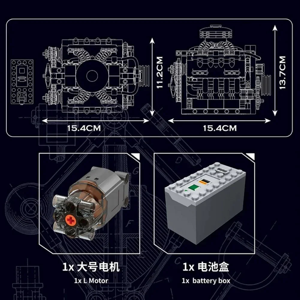 Diagrams and components of a Motorized V8 Engine Building Block Set with Electric Drive, showing the motor and battery box.