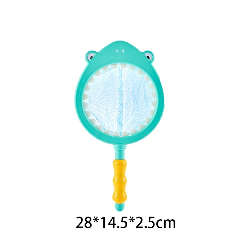 A teal bath toy shaped like a turtle with a fishing net, featuring a yellow handle.