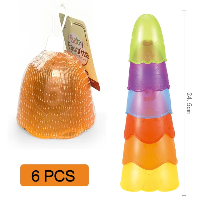 A set of six boat-shaped stacking cups for toddlers in various bright colors like orange, green, purple, blue, and yellow.