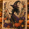 A framed canvas featuring a detailed diamond painting of a witch silhouette surrounded by pumpkins and floral elements.
