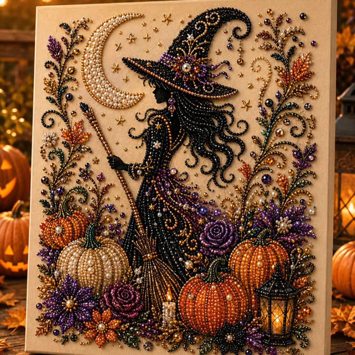 A framed canvas featuring a detailed diamond painting of a witch silhouette surrounded by pumpkins and floral elements.