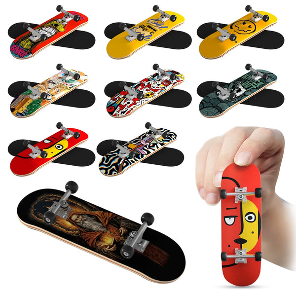 A collection of mini wooden finger skateboards in various colors and designs.