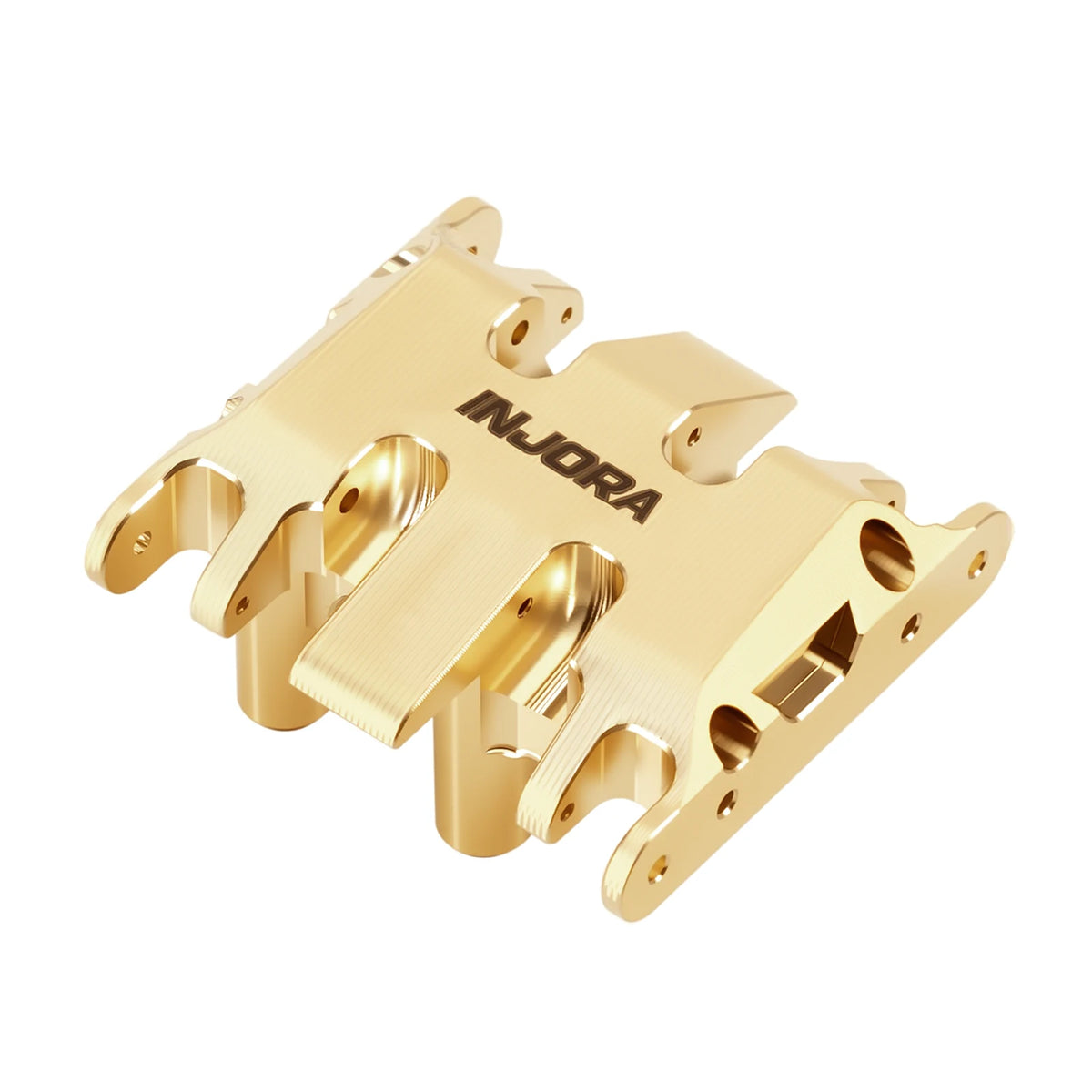 A brass skid plate for an INJORA SCX30 RC crawler, shown from above.