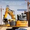 A yellow 4DMACHINE RC excavator toy with open doors, engine hood, and side panels on a construction site.
