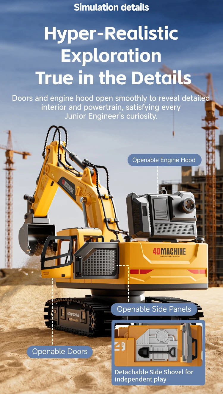 A yellow 4DMACHINE RC excavator toy with open doors, engine hood, and side panels on a construction site.