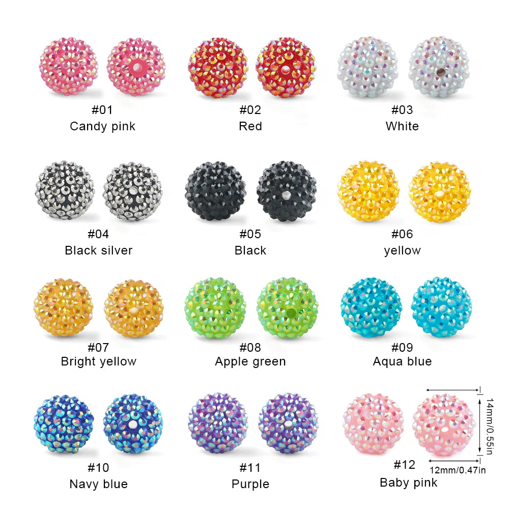 A collection of 12 spherical rhinestone resin beads in various colors including pink, red, white, black, silver, yellow, and 