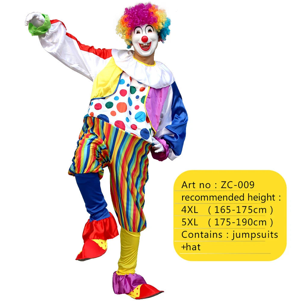A full clown costume set featuring a white shirt, colorful vest, striped pants, and a curly purple wig.