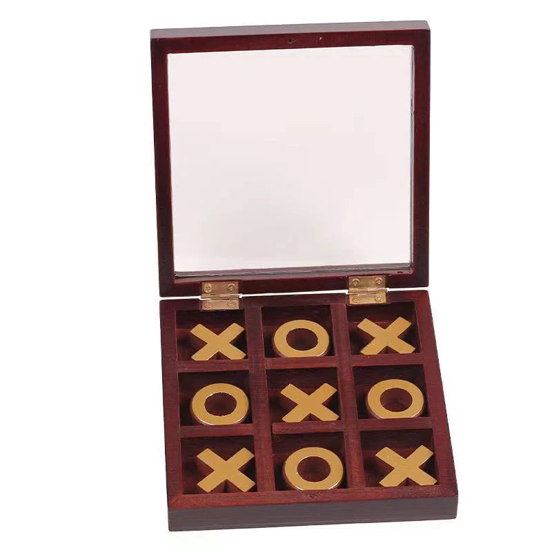 A wooden tic tac toe strategy game featuring a mirror and compartments for placing wooden markers.