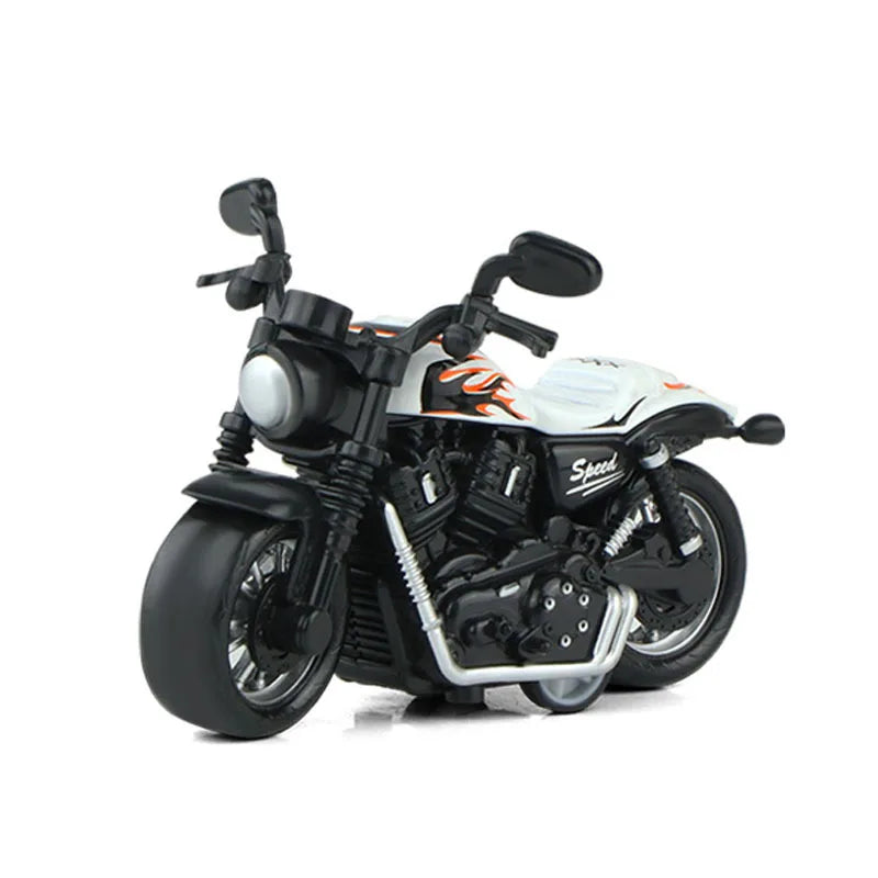 A black and white vintage-style pull-back motorcycle toy car for kids.