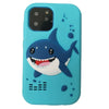 A light blue smartphone toy featuring a cartoon shark design on the back panel.