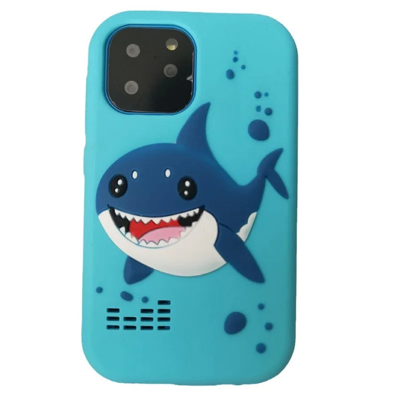 A light blue smartphone toy featuring a cartoon shark design on the back panel.