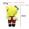 A yellow plush doll resembling a bear with blue hair and a red shirt and brown pants.