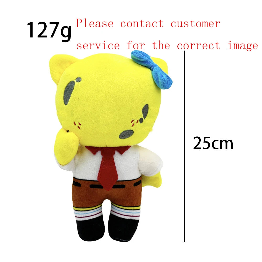 A yellow plush doll resembling a bear with blue hair and a red shirt and brown pants.