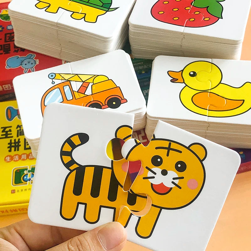 A hand holds a white animal matching card game featuring a yellow tiger and a yellow duck.