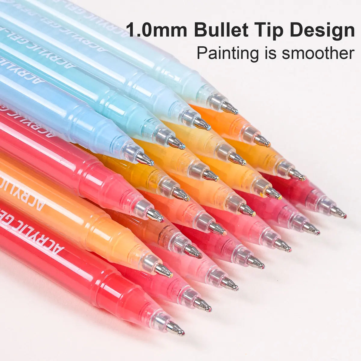 A set of 6 acrylic gel pens with bullet tips in various vibrant colors, arranged diagonally.