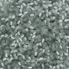 A close-up view of a mix of small, iridescent gray glass beads for jewelry making.