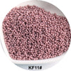 A pile of pink glass seed beads labeled KF11# for jewelry and craft.