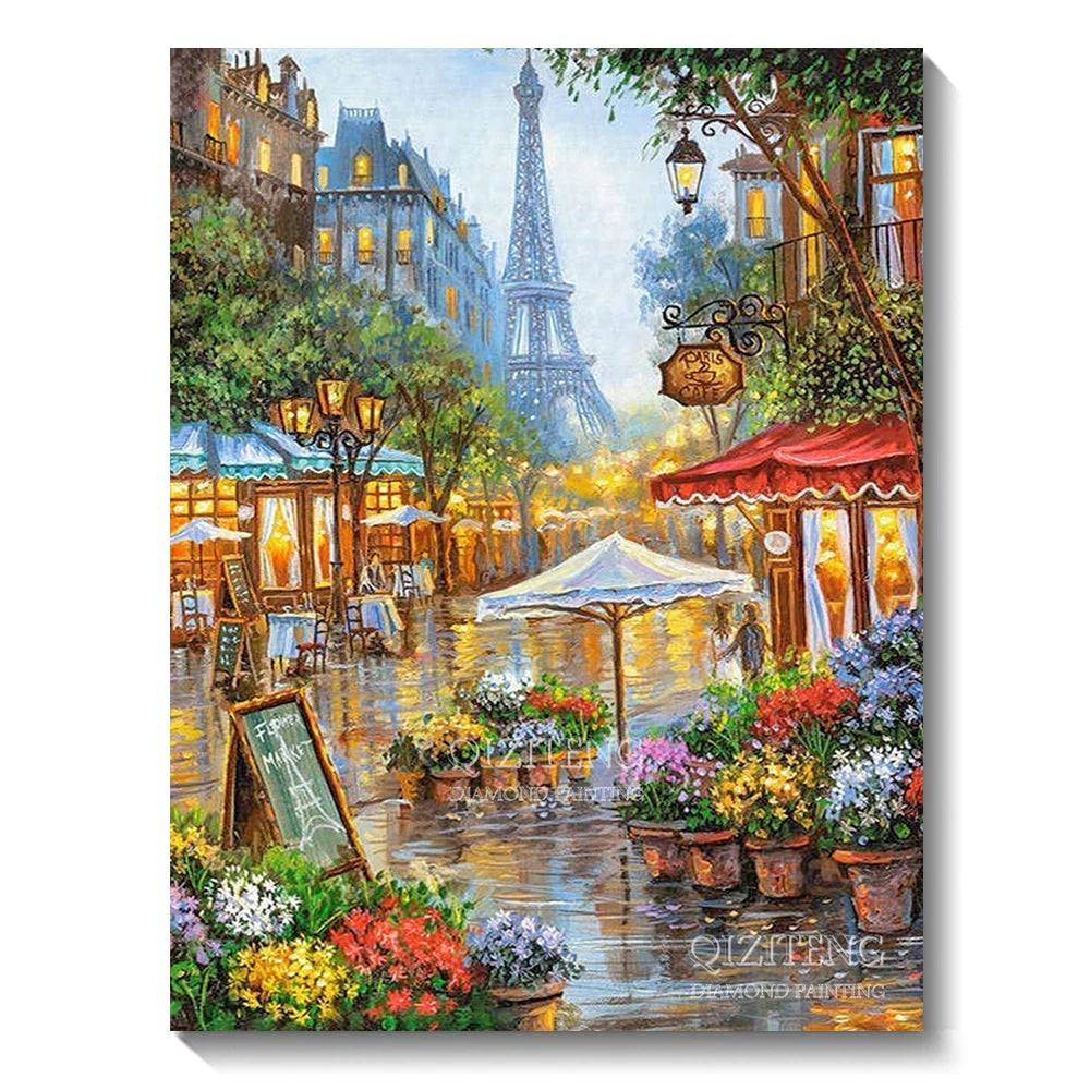 A diamond painting depicting a Parisian street scene with the Eiffel Tower and lush greenery.