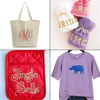 A set of glitter and holographic vinyl heat transfer products including a tote bag, a knitted hat, and a quilted pouch.
