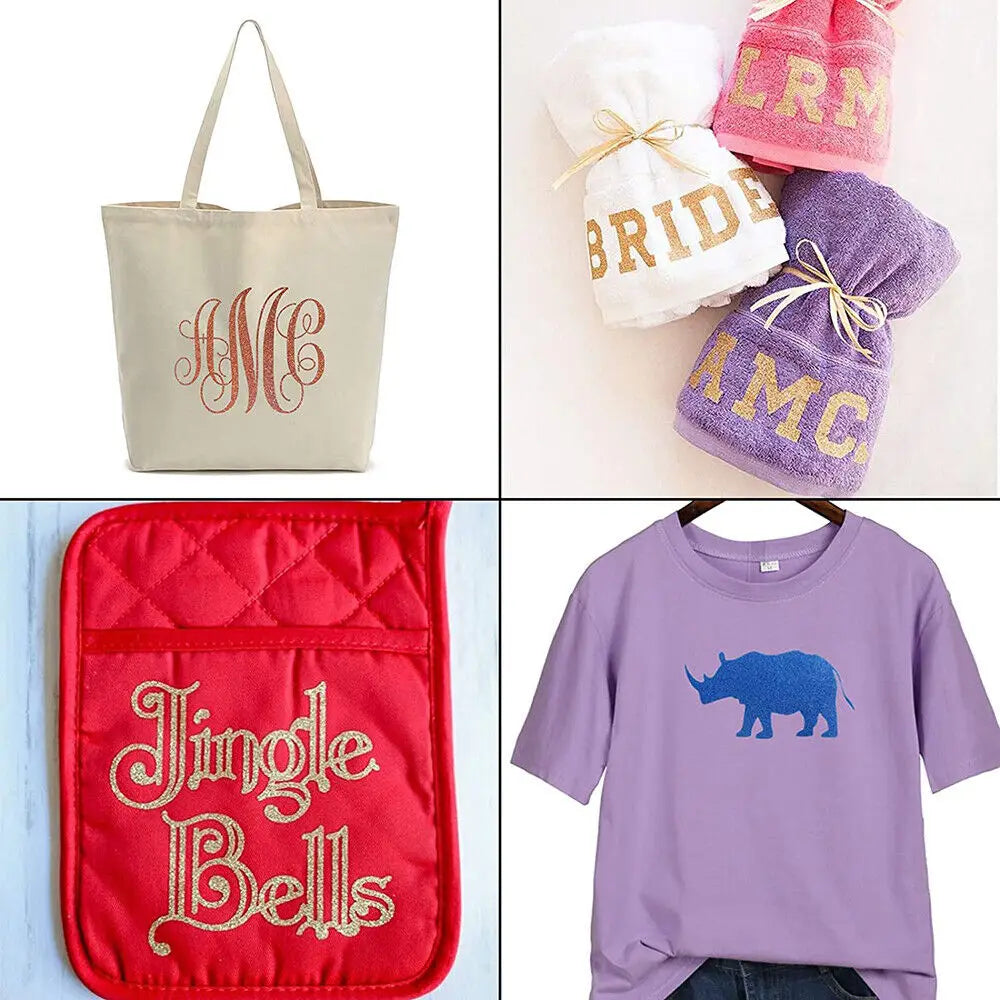 A set of glitter and holographic vinyl heat transfer products including a tote bag, a knitted hat, and a quilted pouch.