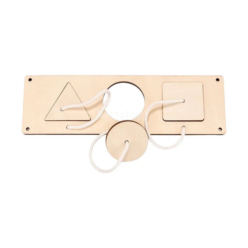 Montessori wooden busy board featuring castle and bulldozer themes with various wooden shapes and loops