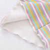 A close-up of a girls striped cotton t-shirt featuring pastel stripes in pink, yellow, and blue.