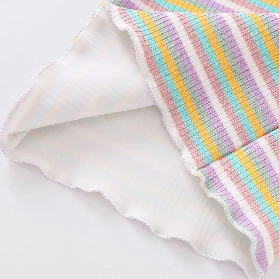 A close-up of a girls striped cotton t-shirt featuring pastel stripes in pink, yellow, and blue.