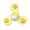 A yellow suction cup spinner bath toy for toddlers with a round, smiling face.